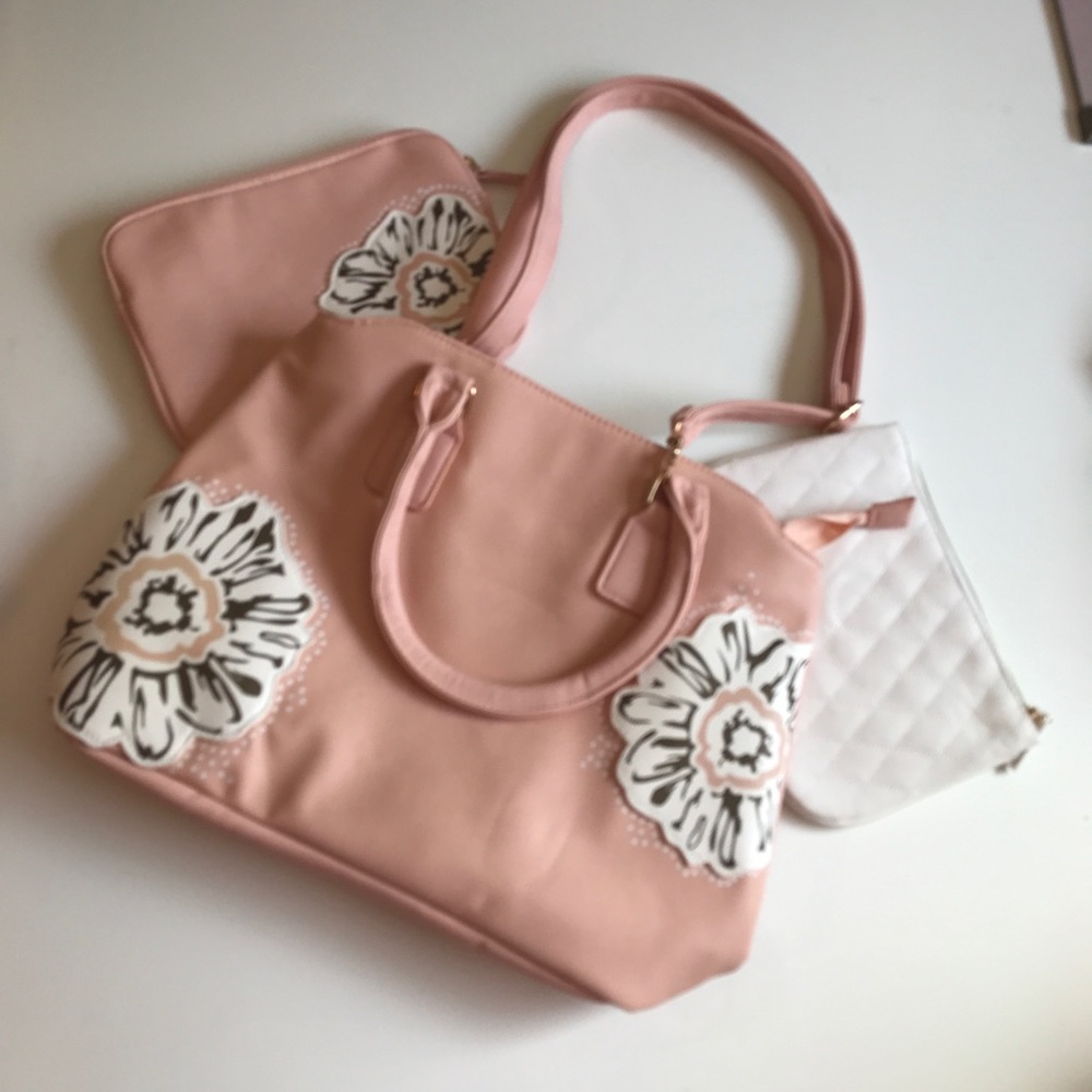 NEW PINK AND WHITE THREE PIECE TOTE HANDBAG SET CROSSBODY PURSE